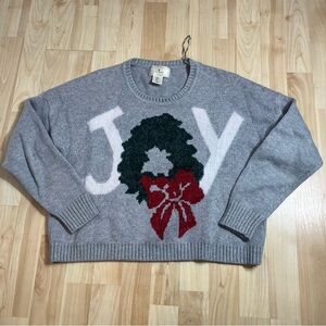Ruby Moon Crewneck Grey Christmas Joy Wreath Wool Cotton Blend Sweater Size Sm